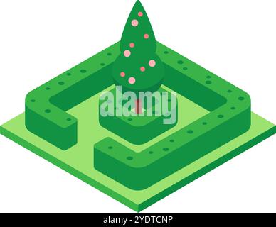 Lush isometric view of a square hedge maze surrounding a single green tree with pink flowers, creating a tranquil garden scene Stock Vector