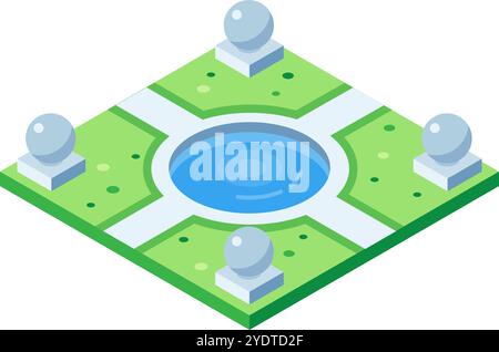 Isometric vector illustration of a city park featuring a pond, pathways, grass, and decorative spheres, ideal for urban planning and landscaping Stock Vector