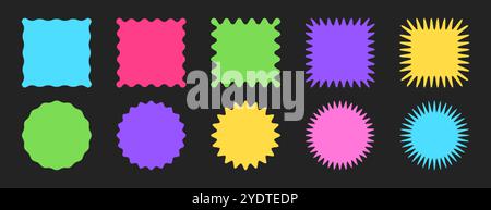 Jagged geometric square and circle shapes in bright colors. Scallop frames, wiggly borders or curvy box elements with zigzag wavy edges. Starburst sale price stickers, serrated labels, sunburst badges Stock Vector