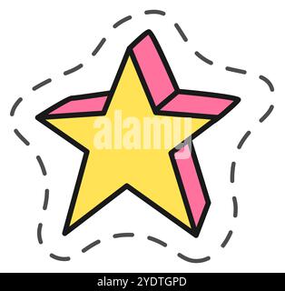Yellow and pink five pointed star with three dimensional effect and dashed contour, isolated on white background Stock Vector