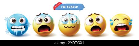 Emoji scared emoticon character vector set. Emojis yellow icon character collection with chill, afraid, nervous, worried and terrified facial Stock Vector