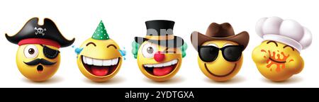 Emoji emoticon characters vector set. Emoticons 3d character like pirate, cowboy and chef  with hats costume elements collection and cute facial Stock Vector