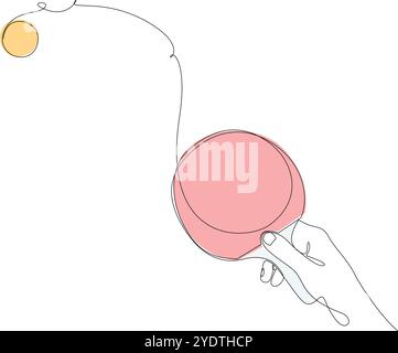 Players hand holding ping pong paddle with ball flying away drawn by continuous line. Table tennis one line art. World Tennis Day. Vector illustration Stock Vector