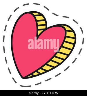 Cartoon heart with yellow stripes and dotted line symbolizing love, affection, and romance, perfect for valentines day or romantic projects Stock Vector