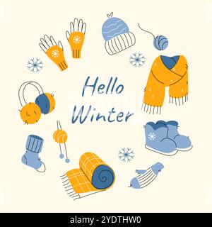 Hello winter round frame with knitted clothes, wool skein and snowflakes. Greeting card or postcard background design. Modern hand drawn doodle vector Stock Vector