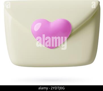 3D love letter with pink heart. Valentine's Day and February 14 cartoon plastic three dimensional closed envelope icon on white background. Stock Vector