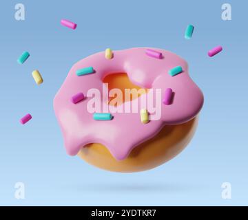 3d realistic donut with pink icing and flying colorful sprinkles plastic three dimentional cute icon Stock Vector