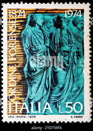 Senators, from a bas-relief of the ara pacis  - Centenary of the Bar Association 1974  - Italian postage stamp Stock Photo