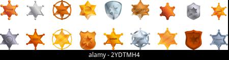 Sheriff badge icons set. Set of sheriff star badges in different shapes and metallic colors, representing law enforcement and authority Stock Vector