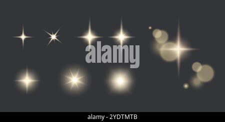Realistic shine light effect glowing stars sparkles or sunlight vector elements collection Stock Vector