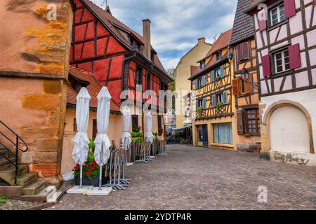 City of Colmar, Alsace, France, historic Old Town with half-timbered traditional houses and cobbled street. Stock Photo