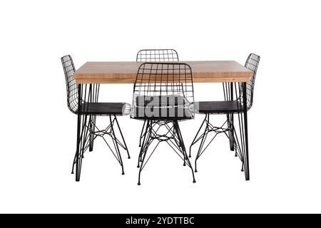 Modern Industrial Dining Set with Wooden Table and Black Wire Chairs - Perfect for Contemporary Home Decor and Dining Spaces Stock Photo