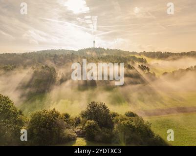 Fog and sunshine create a mysterious atmosphere as rays of light pass through the clouds, Gechingen, Black Forest, Germany, Europe Stock Photo