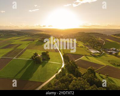 Sunset over green fields and trees glowing in the warm light of the setting sun, Gechingen, Black Forest, Germany, Europe Stock Photo