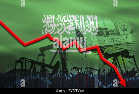 Petrol crisis with Saudi Arabia flag on financial graph. Fall in oil price with the flag of Saudi Arabia Stock Photo