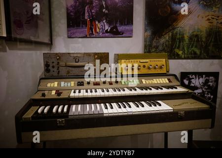 Rome, Italy - 05 03 2018 Pink Floyd Interstellar exibithion - Vintage musical instruments from the golden age of rock music Stock Photo