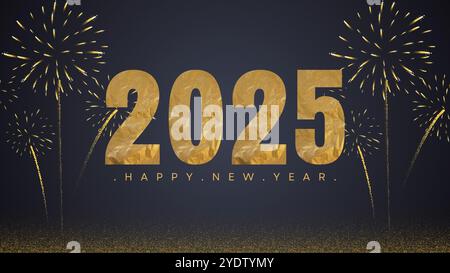 2025 golden on New Year dark background with fireworks. Celebration New Year's Eve. Golden fireworks on dark night sky. vector illustrator Stock Vector