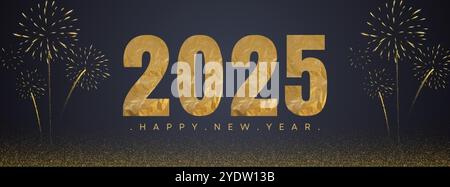 2025 golden on New Year dark background with fireworks. Celebration New Year's Eve. Golden fireworks on dark night sky. vector illustrator Stock Vector