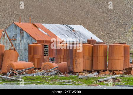 Views of the abandoned whaling station in Stromness Bay on South Georgia, Southern Ocean, Polar Regions Stock Photo