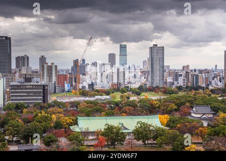 View from Osaka Castle over Nishinomaru Garden and skyline in the background, Osaka, Honshu, Japan, Asia Stock Photo