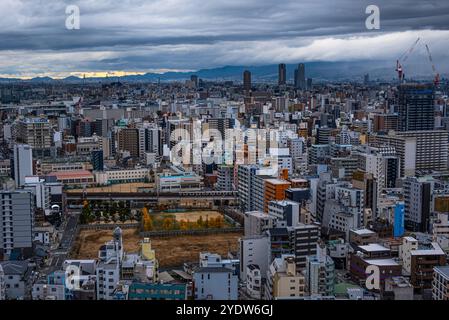 View from the Tsutenkaku Tower in the Shinsekai area, of the city skyline, Osaka, Honshu, Japan, Asia Stock Photo