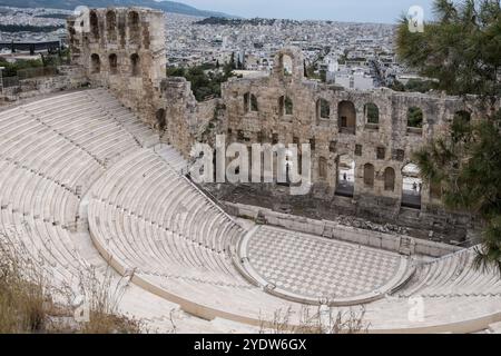 View of the Theatre of Dionysus built on the south slope of the Acropolis, originally part of the sanctuary of Dionysus Eleuthereus, UNESCO, Athens Stock Photo