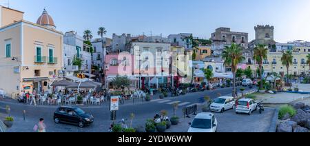 View of cafes and bars on Via Marina at sunset, Forio, Island of Ischia, Campania, Italy, Europe Stock Photo