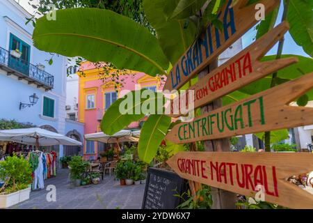 View of colourful shops and bars on Via San Francisco, Forio, Island of Ischia, Campania, Italy, Europe Stock Photo