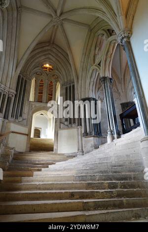 Wells Cathedral, a 12th century Anglican cathedral dedicated to St. Andrew the Apostle, seat of the Bishop of Bath and Wells, Wells, Somerset, England Stock Photo