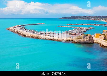 Sciacca harbour and coastline, elevated view, Sciacca, Agrigento district, Sicily, Italy, Mediterranean, Europe Stock Photo