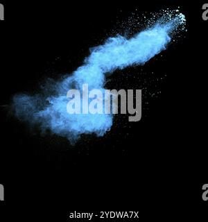 Blue color dust particles explosion cloud on black background.Color powder splash Stock Photo
