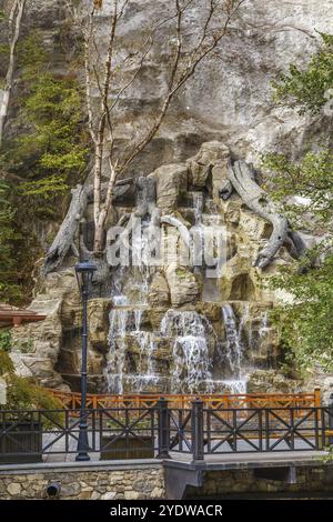 Artificial waterfall in Borjomi near the entrance in cantral park, Georgia, Asia Stock Photo