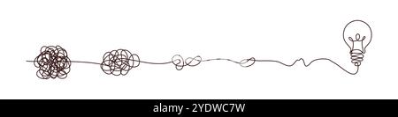Solution concept of chaos in thoughts with hanging light bulbs with one glowing. Complex problem solving process in hand drawn style. Vector Stock Vector