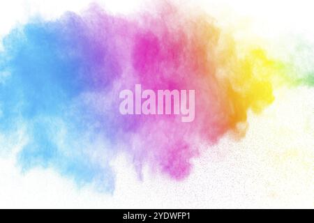 Abstract multi color powder explosion on white background. Freeze motion of dust particles splashing. Painted Holi in festival Stock Photo