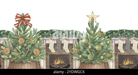 Watercolor winter seamless border with christmas plants Stock Photo - Alamy