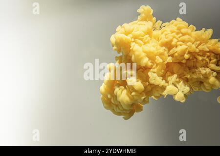 Yellow orange drop swirling under water. Cloud of acrylic paint in water Stock Photo