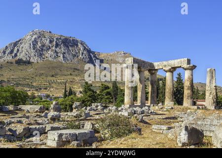 The ruins of the Temple of Apollo in ancient Corinth, Greece, Europe Stock Photo