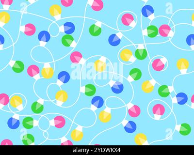 Christmas glowing garland seamless pattern. Multicolor Christmas Lights. Christmas bulb garland. Festive design for posters, banners and advertising p Stock Vector