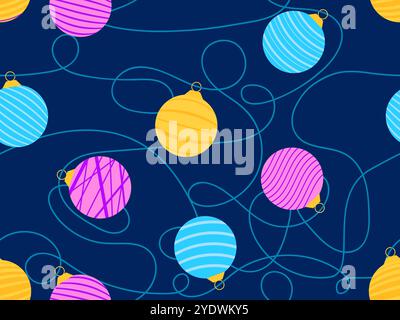 New Year seamless pattern with Christmas balls. Garland with colourful Christmas tree balls hang on a string. Xmas design for wallpaper, covers, banne Stock Vector