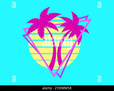 80s retro sci-fi palm trees on a sunset. Retro futuristic sun with palm trees in a triangular frame. Synthwave style. Design for advertising brochures Stock Vector
