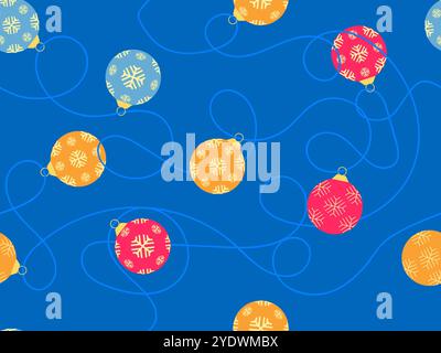 New Year seamless pattern with Christmas balls. Garland with colourful Christmas tree balls hang on a string. Xmas design for wallpaper, covers, banne Stock Vector