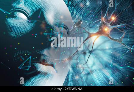 Side view of a humanoid head with neural network, representing futuristic technology and machine learning.3d illustration.Artificial neuronal. Stock Photo