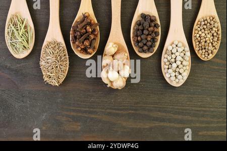 Top View of Assortment of Spices in Wooden Spoons Stock Photo