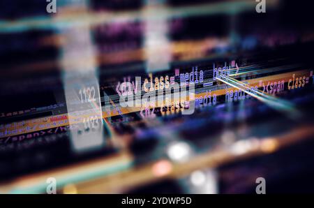 Script and source code for algorithm development.3d illustration.Abstract background of programming engineering and software development. Stock Photo