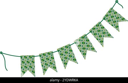 Pennants garland with quatrefoil clover pattern on a rope in monochrome green. St Patrick greetings. Isolated Vector illustration Cards, poster, leaflet, banner, price tag, label or web promo Stock Vector