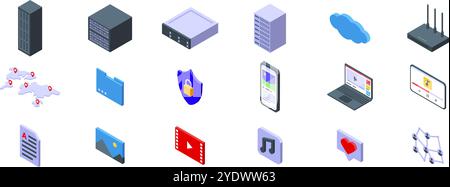 CDN icons set. Isometric icons representing data storage, cloud computing, network connectivity, and multimedia content Stock Vector