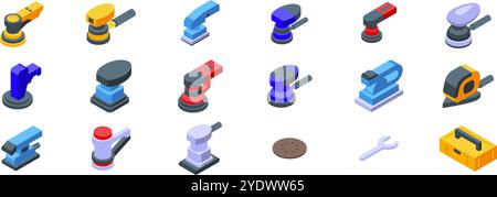 Electric sanding machine icons set. Set of isometric orbital sander icons representing various power tools used for sanding, polishing, and finishing surfaces in woodworking, automotive Stock Vector