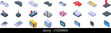 Retro gamepad icons set. Isometric icons representing various retro gaming consoles and controllers evoke feelings of nostalgia and highlight the evolution of gaming technology Stock Vector