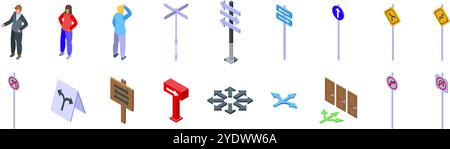 Choosing multiple directions icons set. Businesspeople making decisions and different direction signs icons set isometric view Stock Vector
