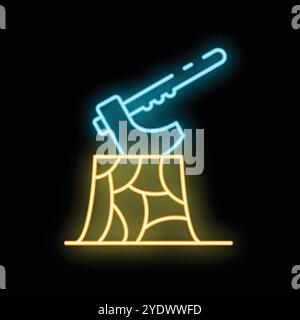 Neon blue axe sticking out of a yellow tree stump on a black background, great for deforestation or lumberjack concepts Stock Vector